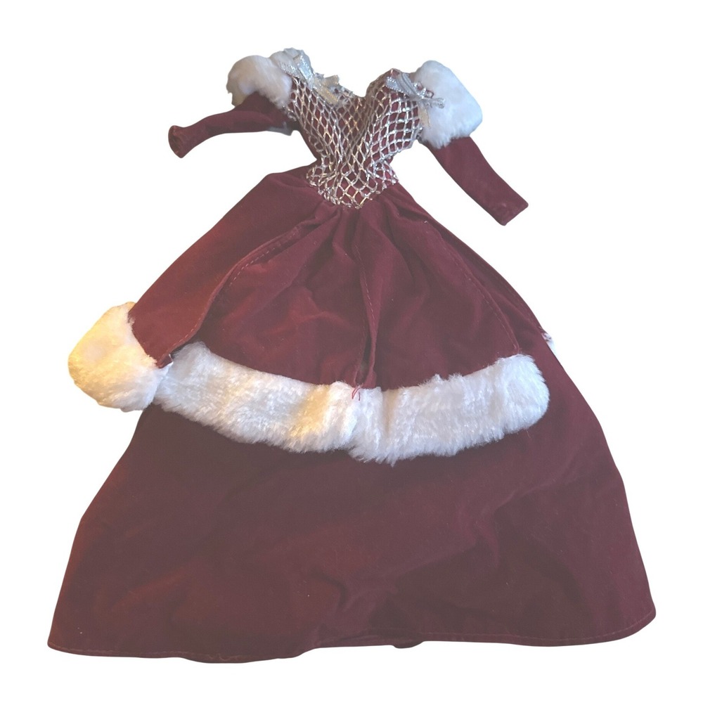 Burgundy Velvet Holiday Doll Dress Silver Lattice Bodice Faux Fur Trim Christmas